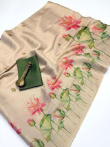 Beige & Pink Lotus Floral Digital Print Linen Tissue Silk Designer Saree with Blouse
