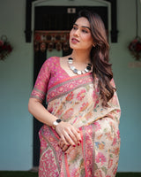 Beige & Pink Elephant and Floral Digital Print Linen Tissue Silk Designer Saree with Blouse