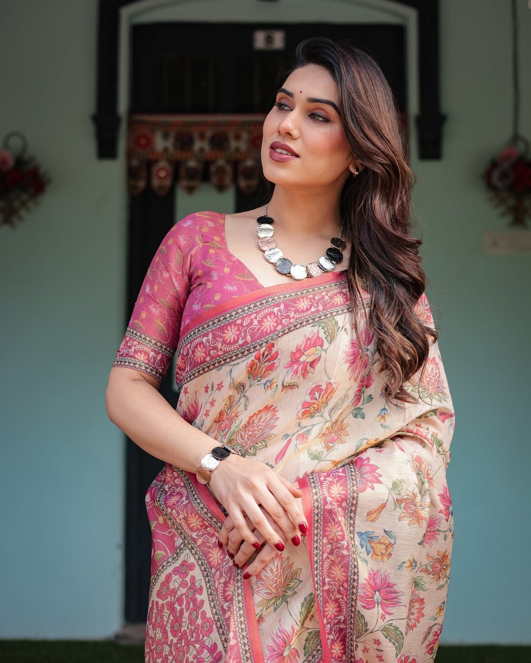 Beige & Pink Elephant and Floral Digital Print Linen Tissue Silk Designer Saree with Blouse