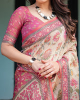 Beige & Pink Elephant and Floral Digital Print Linen Tissue Silk Designer Saree with Blouse