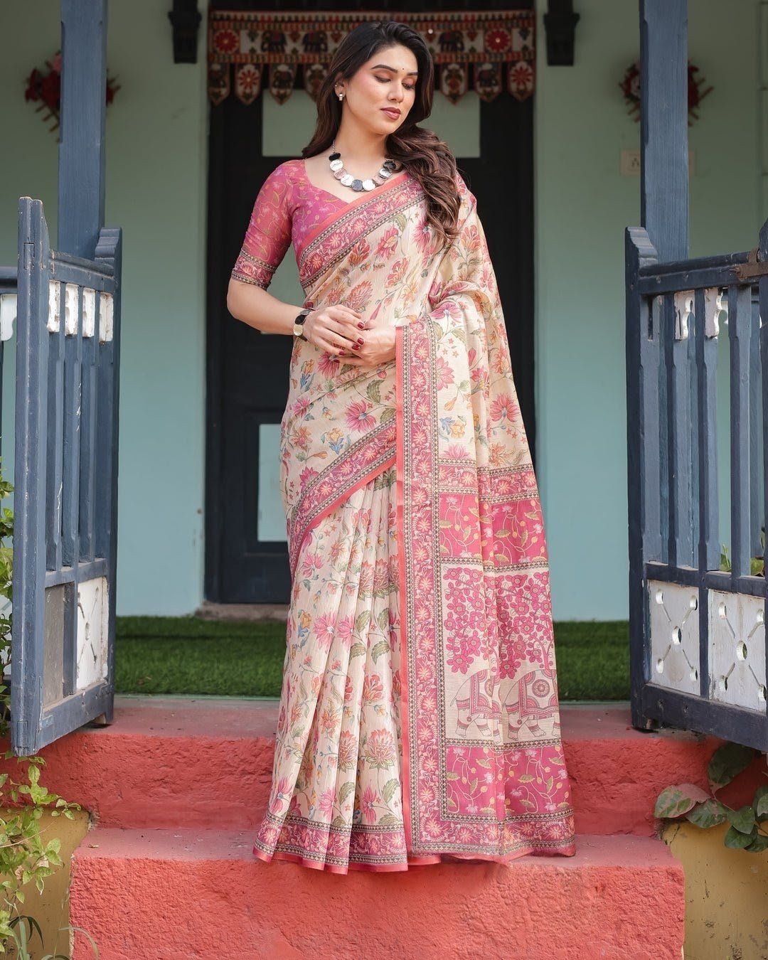 Beige & Pink Elephant and Floral Digital Print Linen Tissue Silk Designer Saree with Blouse
