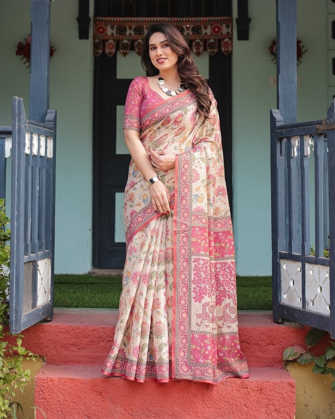 Beige & Pink Elephant and Floral Digital Print Linen Tissue Silk Designer Saree with Blouse