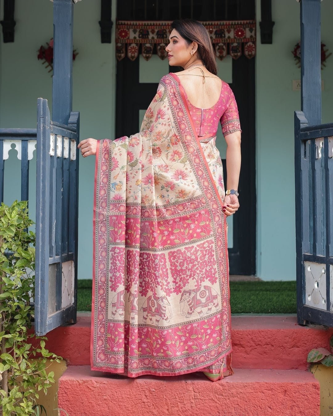 Beige & Pink Elephant and Floral Digital Print Linen Tissue Silk Designer Saree with Blouse