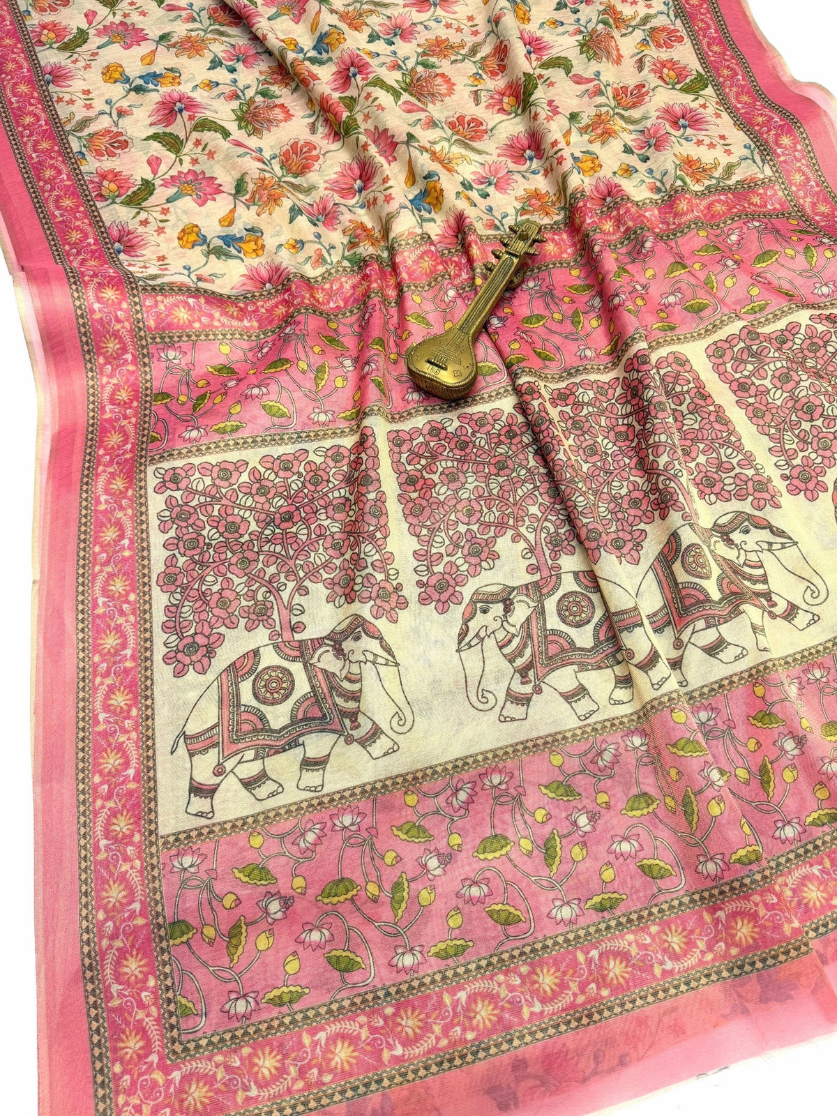 Beige & Pink Elephant and Floral Digital Print Linen Tissue Silk Designer Saree with Blouse