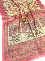 Beige & Pink Elephant and Floral Digital Print Linen Tissue Silk Designer Saree with Blouse