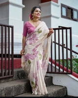 Beige & Lavender Floral Digital Print Linen Tissue Silk Designer Saree with Blouse