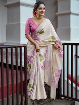 Beige & Lavender Floral Digital Print Linen Tissue Silk Designer Saree with Blouse