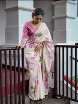 Beige & Lavender Floral Digital Print Linen Tissue Silk Designer Saree with Blouse