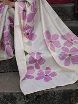 Beige & Lavender Floral Digital Print Linen Tissue Silk Designer Saree with Blouse