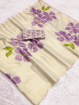 Beige & Lavender Floral Digital Print Linen Tissue Silk Designer Saree with Blouse