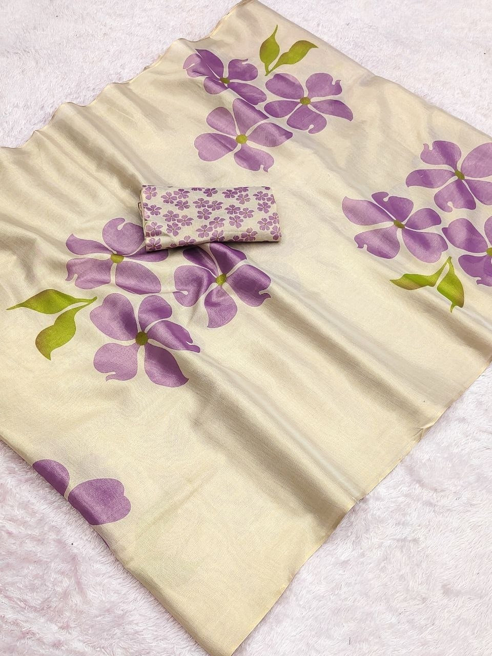 Beige & Lavender Floral Digital Print Linen Tissue Silk Designer Saree with Blouse