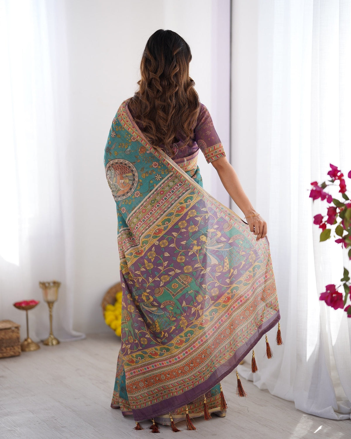 Teal & Purple Traditional Folk Art Digital Print Linen Tissue Silk Designer Saree with Blouse