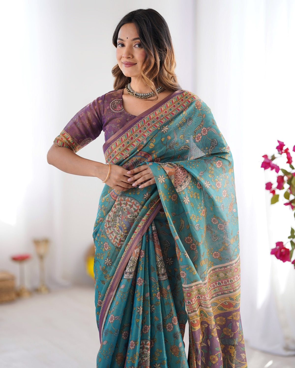 Teal & Purple Traditional Folk Art Digital Print Linen Tissue Silk Designer Saree with Blouse