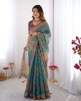 Teal & Purple Traditional Folk Art Digital Print Linen Tissue Silk Designer Saree with Blouse