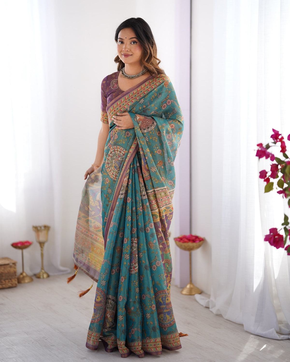 Teal & Purple Traditional Folk Art Digital Print Linen Tissue Silk Designer Saree with Blouse