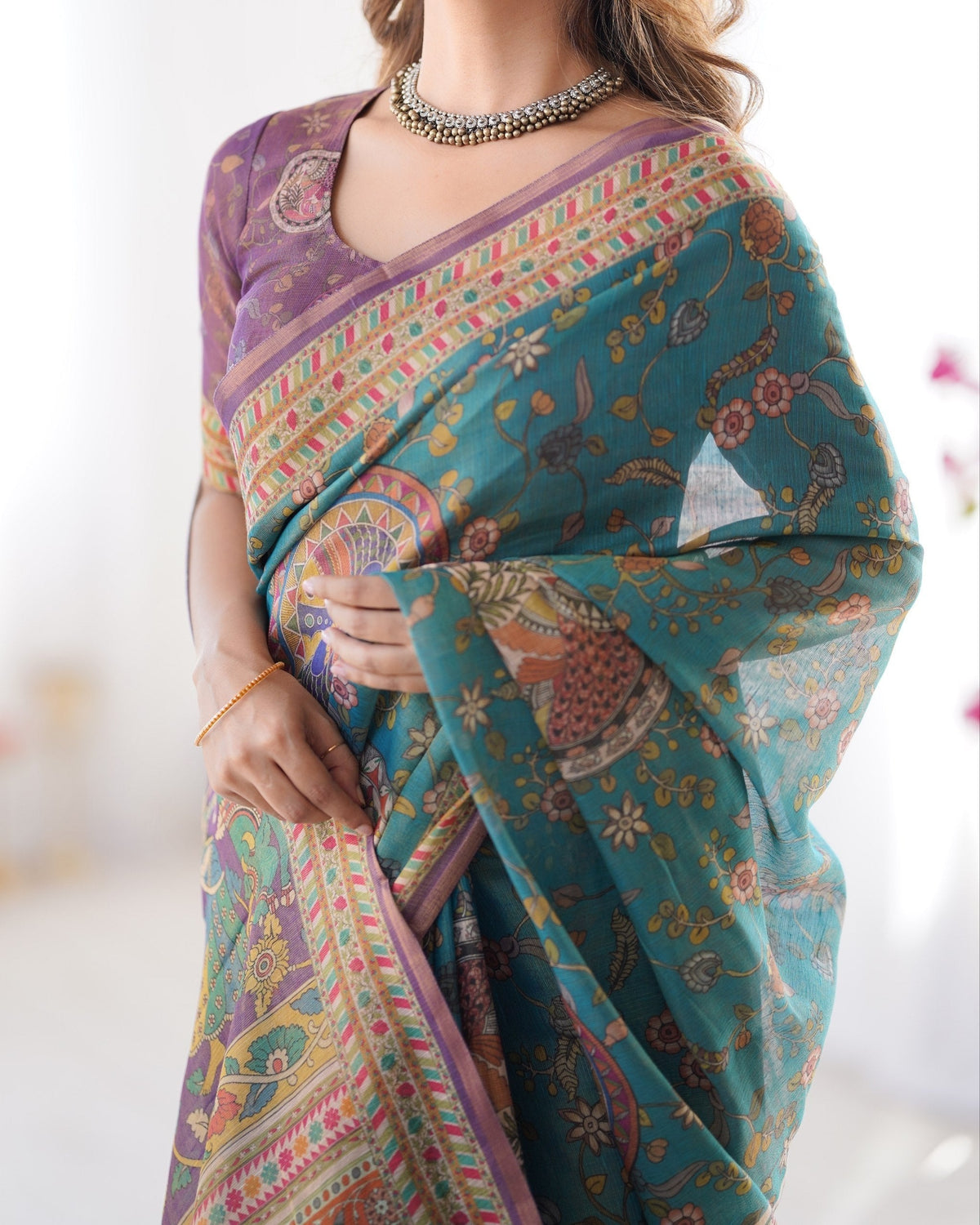 Teal & Purple Traditional Folk Art Digital Print Linen Tissue Silk Designer Saree with Blouse
