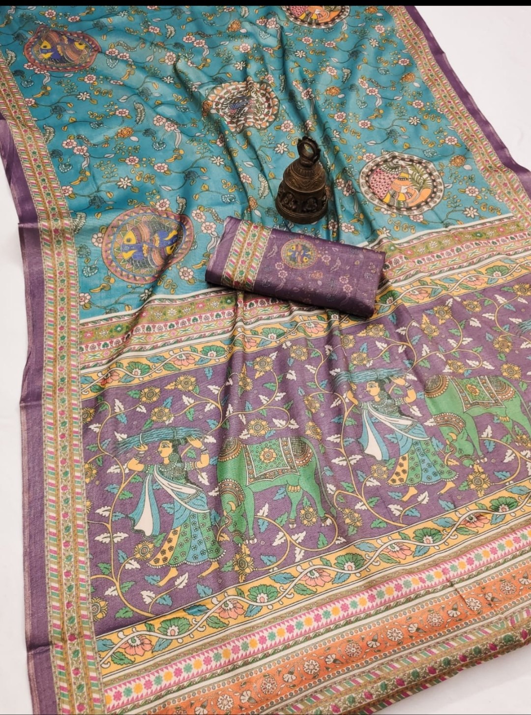 Teal & Purple Traditional Folk Art Digital Print Linen Tissue Silk Designer Saree with Blouse