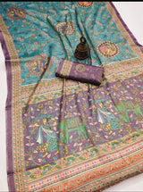 Teal & Purple Traditional Folk Art Digital Print Linen Tissue Silk Designer Saree with Blouse