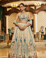 Cream & Blue Peacock Motif Premium Chinon Silk Multi-Thread Embroidery and Heavy Sequins Work Designer Lehenga Choli Set