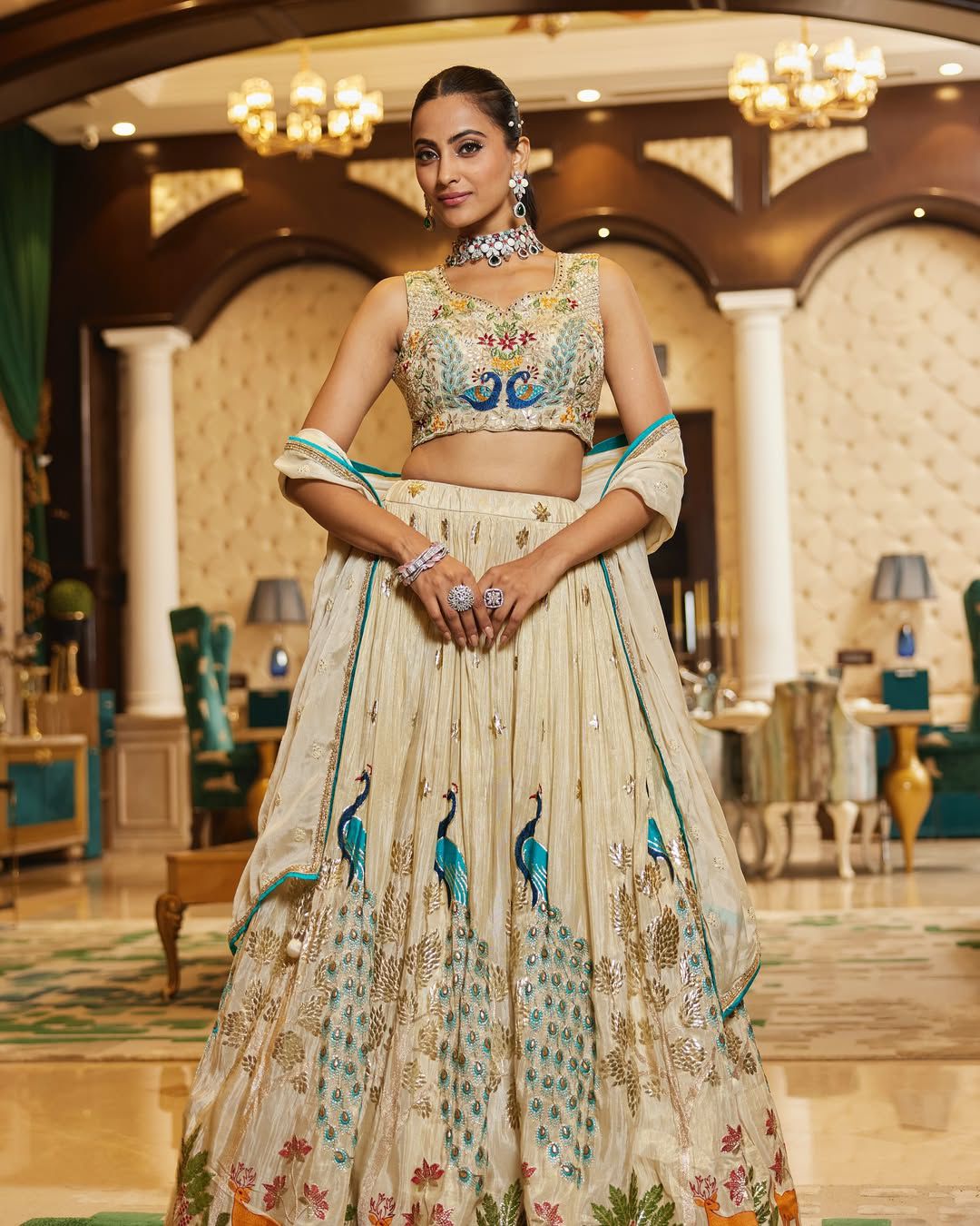 Cream & Blue Peacock Motif Premium Chinon Silk Multi-Thread Embroidery and Heavy Sequins Work Designer Lehenga Choli Set