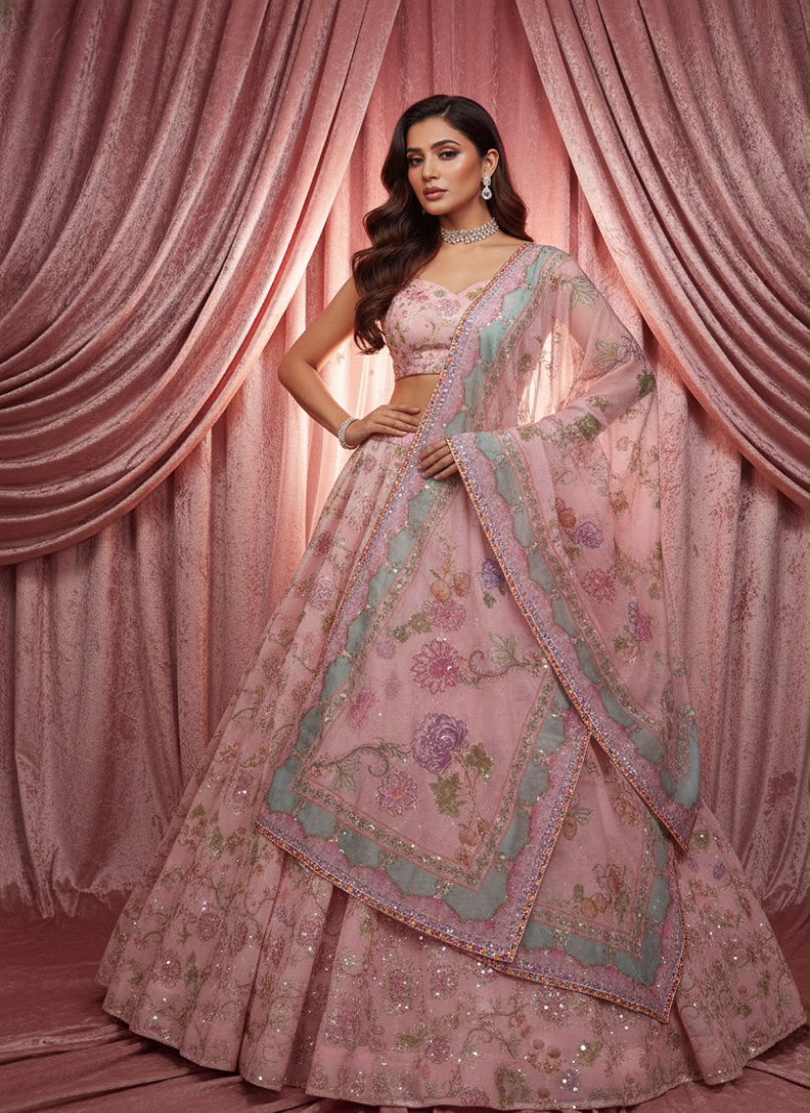 Pastel Pink Floral Printed Taby Silk Designer Lehenga Choli with Hand Real Mirror, Sequins & Multicolour Lace Border Set
