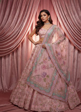 Pastel Pink Floral Printed Taby Silk Designer Lehenga Choli with Hand Real Mirror, Sequins & Multicolour Lace Border Set