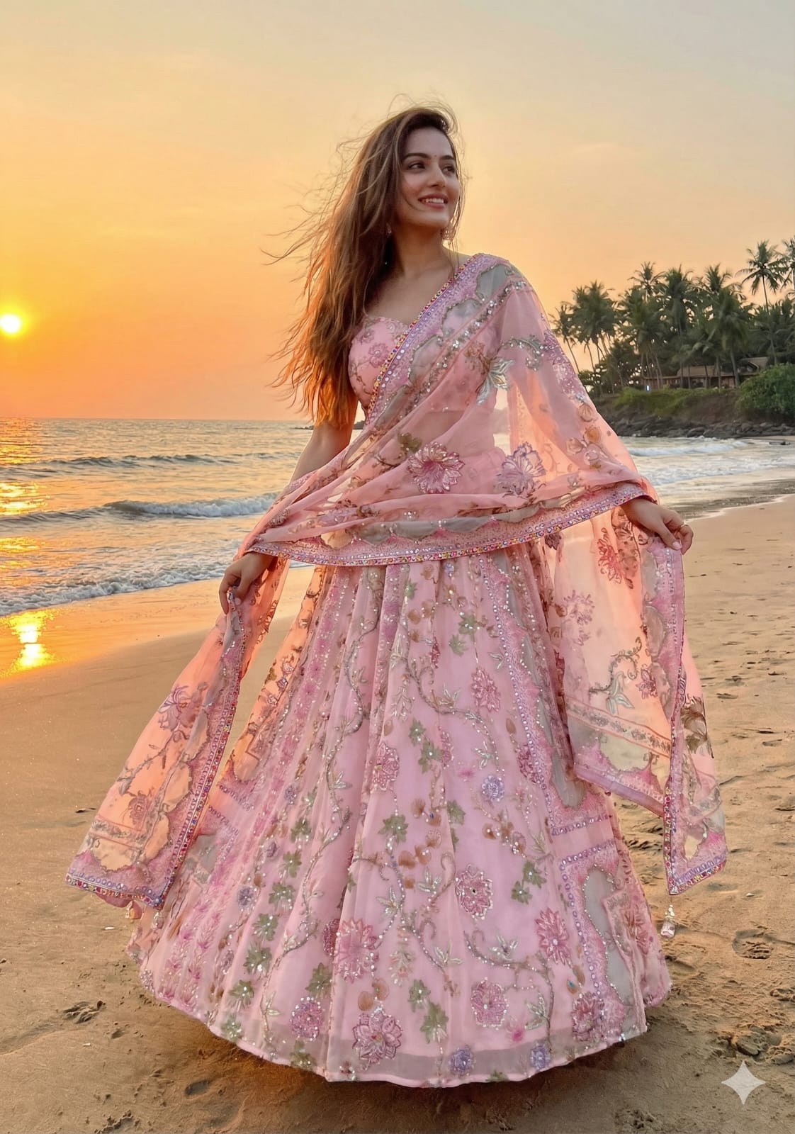 Pastel Pink Floral Printed Taby Silk Designer Lehenga Choli with Hand Real Mirror, Sequins & Multicolour Lace Border Set