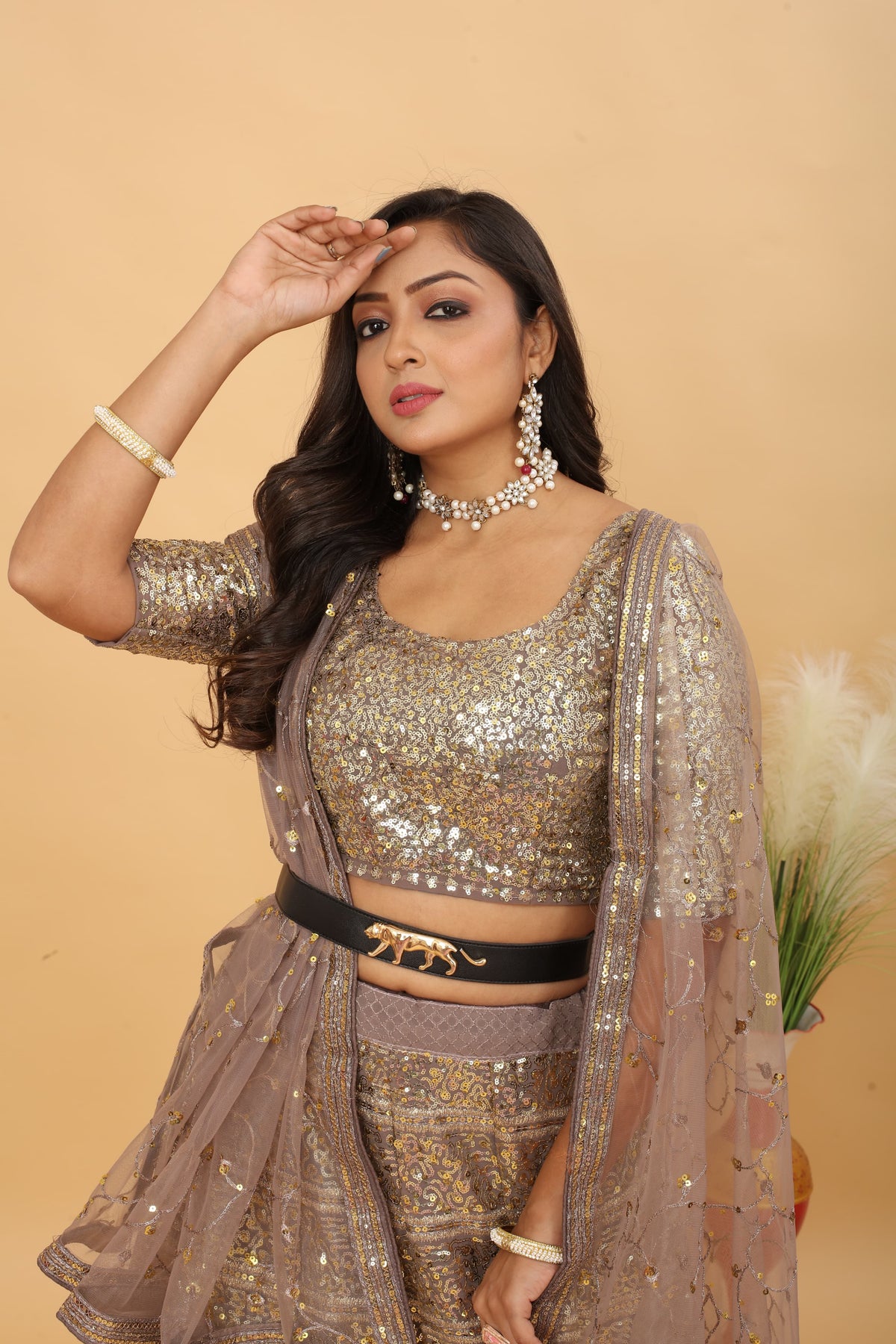 Taupe & Gold Premium Faux Georgette Heavy Embroidery, Zari, Coding & Sequins Work Designer Lehenga Choli with Net Dupatta Set