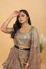 Taupe & Gold Premium Faux Georgette Heavy Embroidery, Zari, Coding & Sequins Work Designer Lehenga Choli with Net Dupatta Set