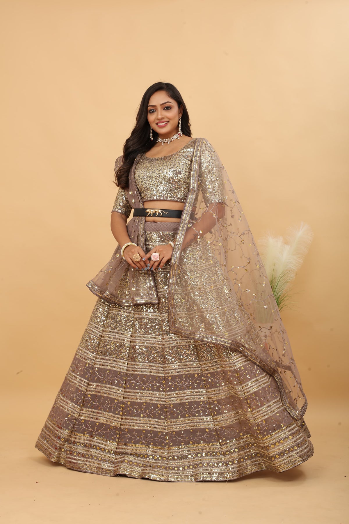 Taupe & Gold Premium Faux Georgette Heavy Embroidery, Zari, Coding & Sequins Work Designer Lehenga Choli with Net Dupatta Set