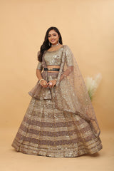 Taupe & Gold Premium Faux Georgette Heavy Embroidery, Zari, Coding & Sequins Work Designer Lehenga Choli with Net Dupatta Set