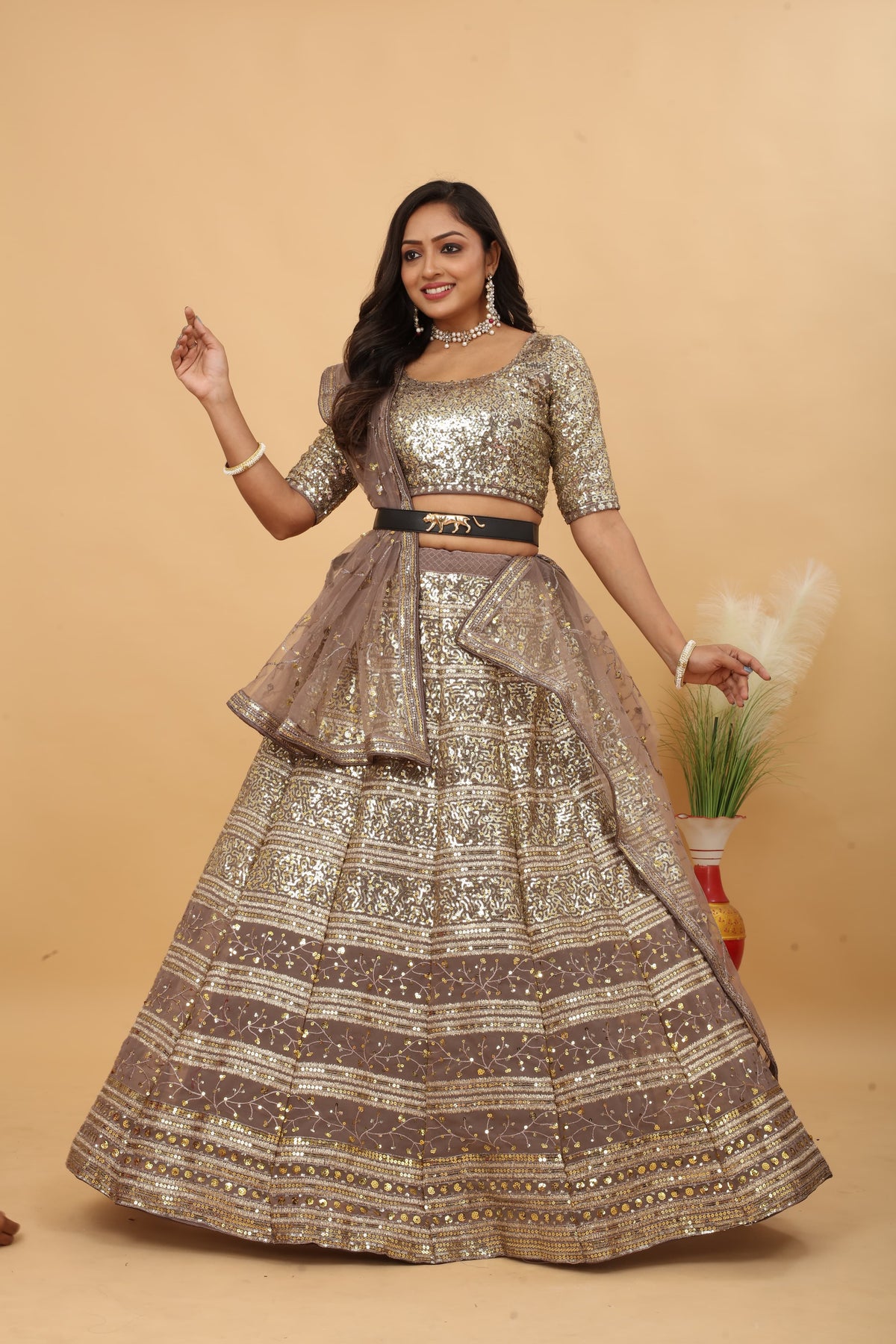 Taupe & Gold Premium Faux Georgette Heavy Embroidery, Zari, Coding & Sequins Work Designer Lehenga Choli with Net Dupatta Set