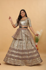 Taupe & Gold Premium Faux Georgette Heavy Embroidery, Zari, Coding & Sequins Work Designer Lehenga Choli with Net Dupatta Set