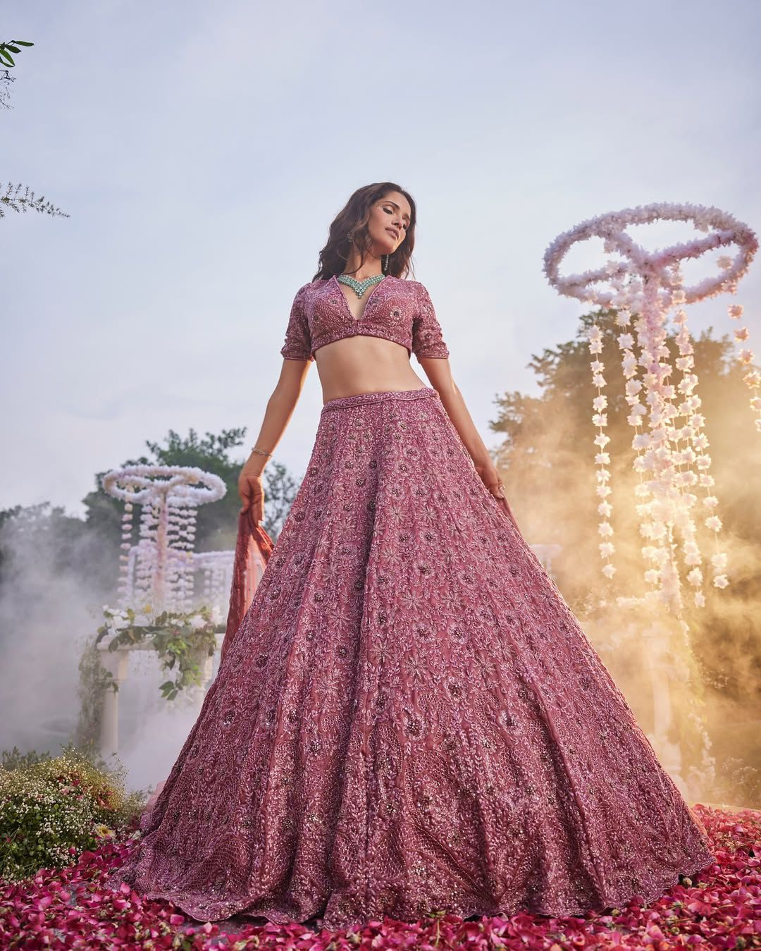 Mauve Pink Premium Chinon Silk Heavy Sequins and Thread Embroidery Bridal Lehenga Choli with Soft Net Dupatta