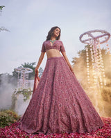 Mauve Pink Premium Chinon Silk Heavy Sequins and Thread Embroidery Bridal Lehenga Choli with Soft Net Dupatta