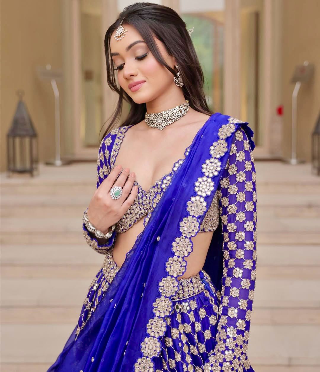 Royal Blue Premium Georgette Heavy Thread Embroidery, Coding & Foil Mirror Work Designer Lehenga Choli with Organza Silk Dupatta Set