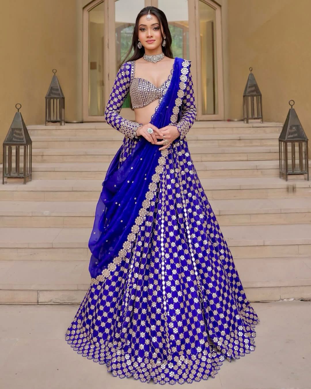 Royal Blue Premium Georgette Heavy Thread Embroidery, Coding & Foil Mirror Work Designer Lehenga Choli with Organza Silk Dupatta Set