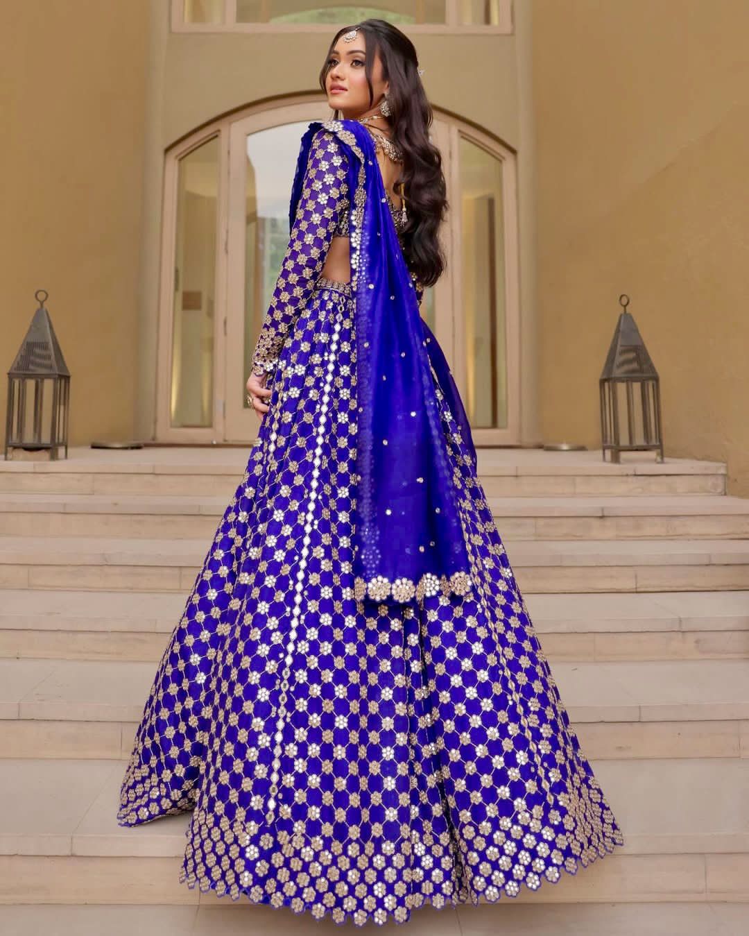 Royal Blue Premium Georgette Heavy Thread Embroidery, Coding & Foil Mirror Work Designer Lehenga Choli with Organza Silk Dupatta Set