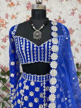 Royal Blue Premium Georgette Heavy Thread Embroidery, Coding & Foil Mirror Work Designer Lehenga Choli with Organza Silk Dupatta Set