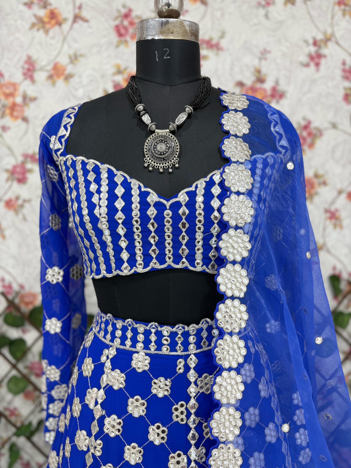 Royal Blue Premium Georgette Heavy Thread Embroidery, Coding & Foil Mirror Work Designer Lehenga Choli with Organza Silk Dupatta Set