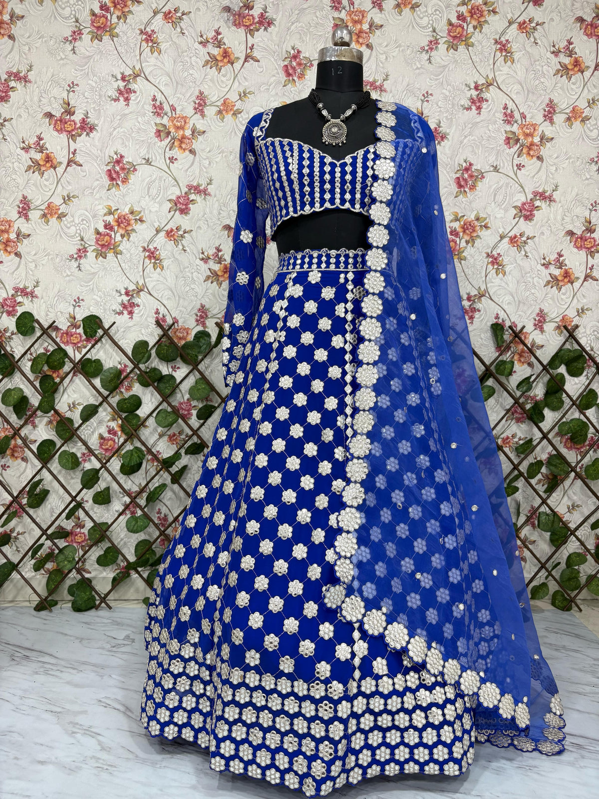 Royal Blue Premium Georgette Heavy Thread Embroidery, Coding & Foil Mirror Work Designer Lehenga Choli with Organza Silk Dupatta Set