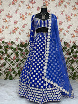 Royal Blue Premium Georgette Heavy Thread Embroidery, Coding & Foil Mirror Work Designer Lehenga Choli with Organza Silk Dupatta Set