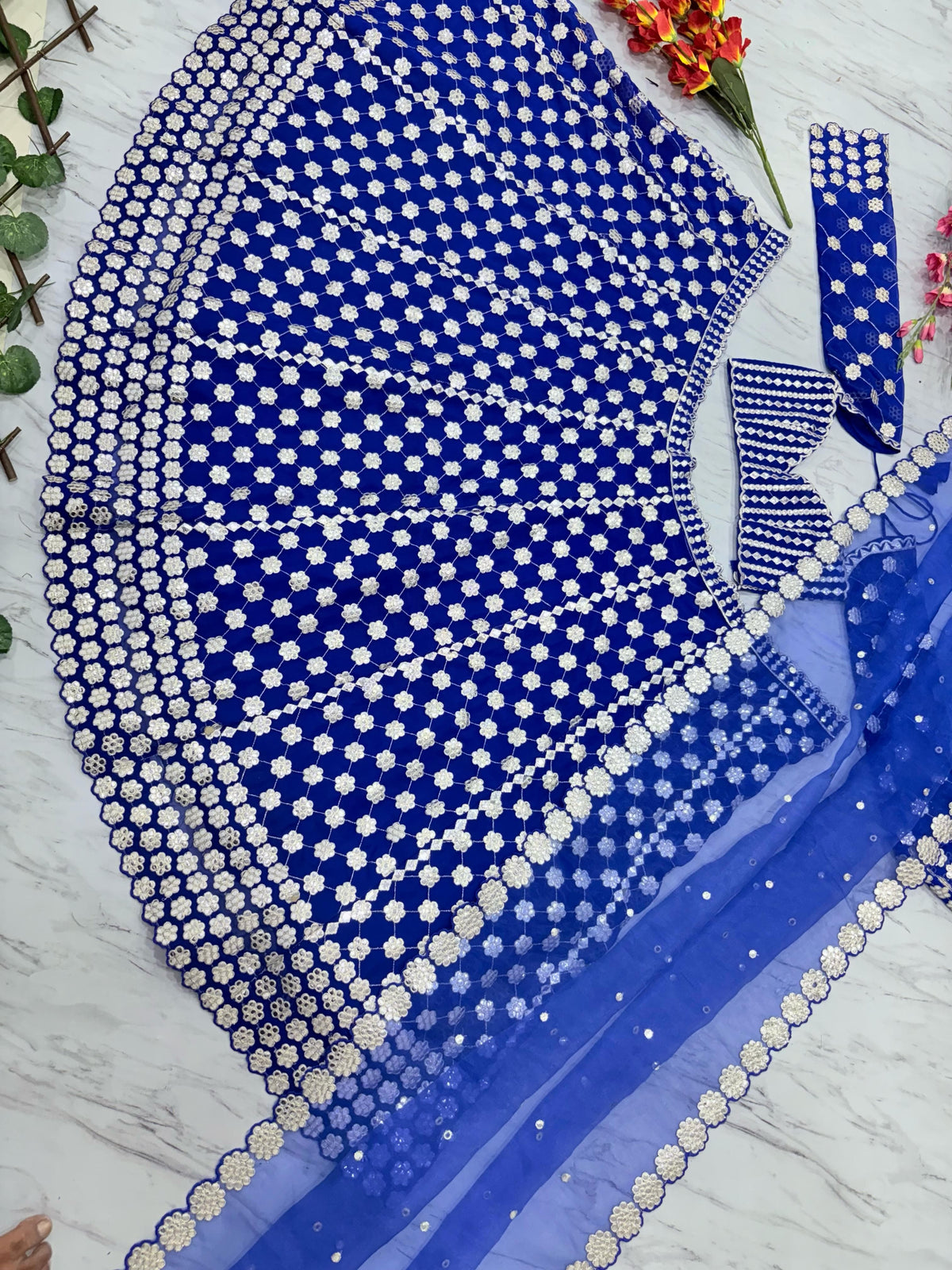 Royal Blue Premium Georgette Heavy Thread Embroidery, Coding & Foil Mirror Work Designer Lehenga Choli with Organza Silk Dupatta Set