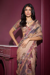 Peach & Mauve Floral Printed Premium Georgette Designer Saree with Handwork Sequins, Mirror Work & Lace Border Set