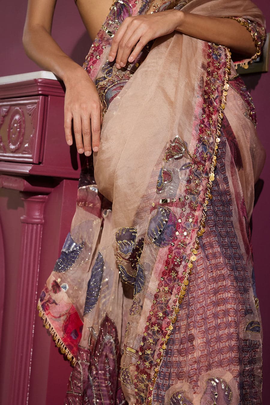 Peach & Mauve Floral Printed Premium Georgette Designer Saree with Handwork Sequins, Mirror Work & Lace Border Set