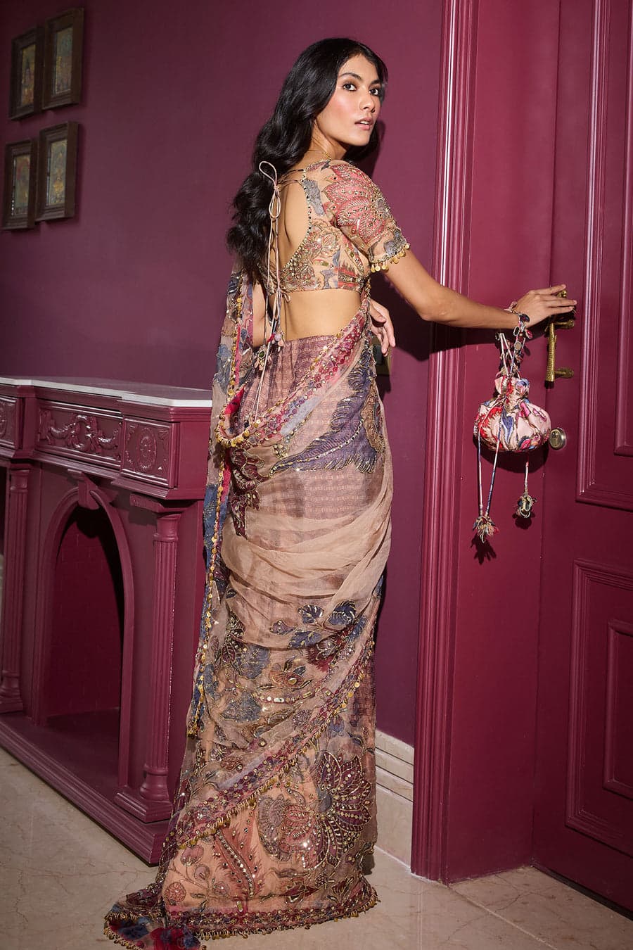 Peach & Mauve Floral Printed Premium Georgette Designer Saree with Handwork Sequins, Mirror Work & Lace Border Set