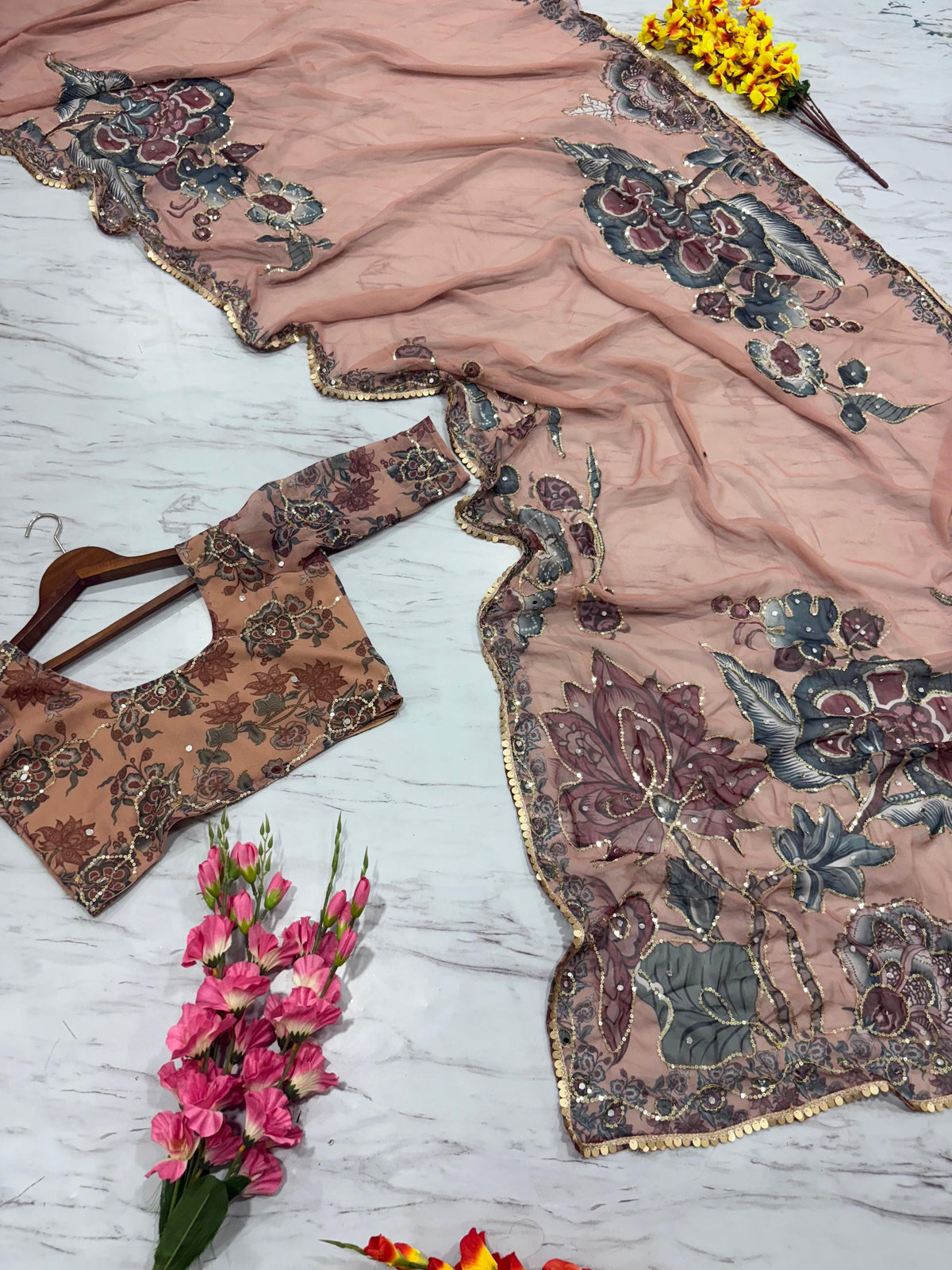 Peach & Mauve Floral Printed Premium Georgette Designer Saree with Handwork Sequins, Mirror Work & Lace Border Set