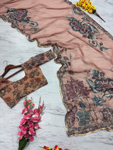 Peach & Mauve Floral Printed Premium Georgette Designer Saree with Handwork Sequins, Mirror Work & Lace Border Set