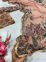 Peach & Mauve Floral Printed Premium Georgette Designer Saree with Handwork Sequins, Mirror Work & Lace Border Set