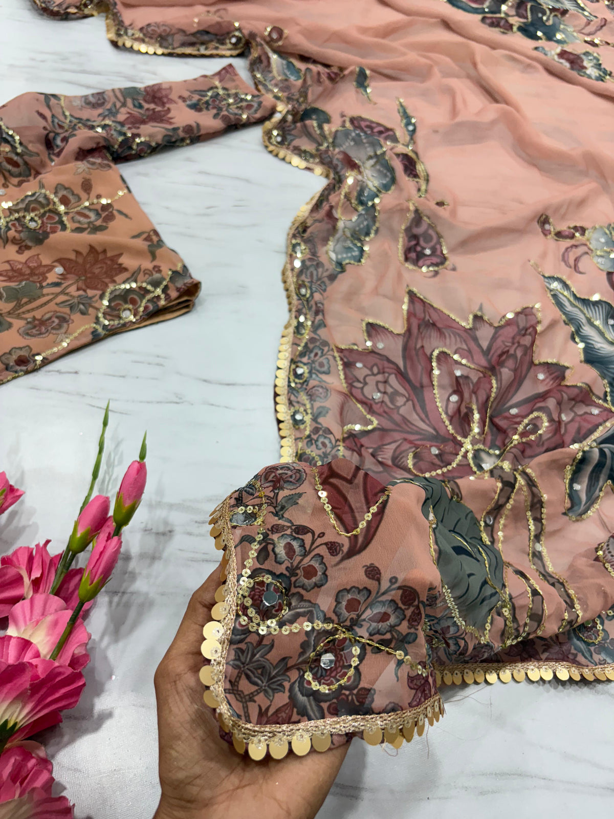 Peach & Mauve Floral Printed Premium Georgette Designer Saree with Handwork Sequins, Mirror Work & Lace Border Set